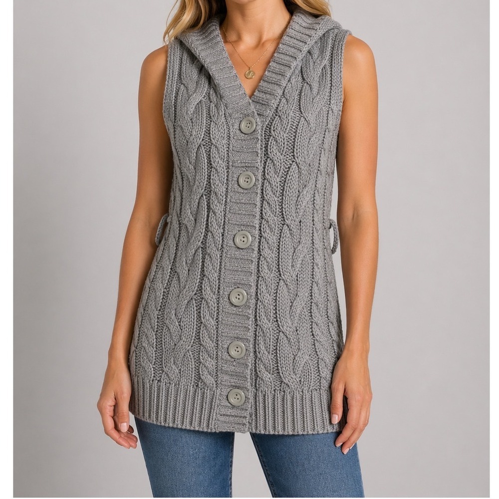 OLD NAVY Chunky Cable Knit Hooded Cardigan Vest Gray Y2K School JuniorsXL Cotton